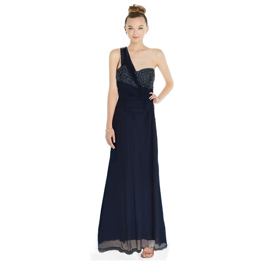 J HOAGLUND Silk Sequin Bodice Long Dress/Gown with Train Sz 12 Navy Blue